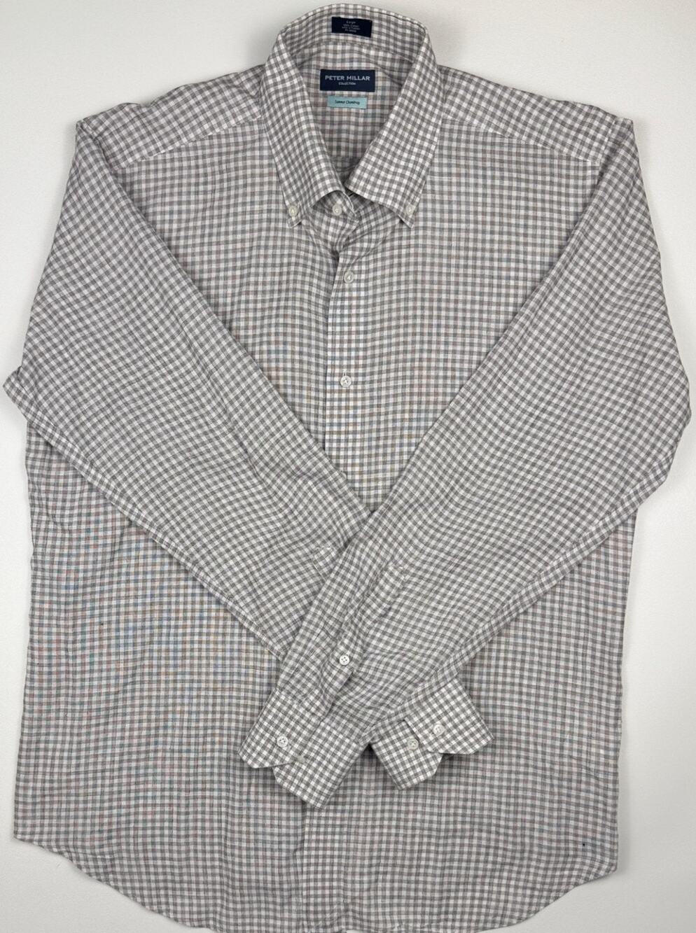 Peter Millar Summer Chambray Mens Large Gray Check Button Down Cotton Shirt
